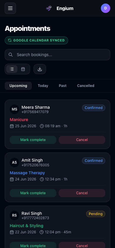 Engium booking calendar on mobile - appointments synced automatically