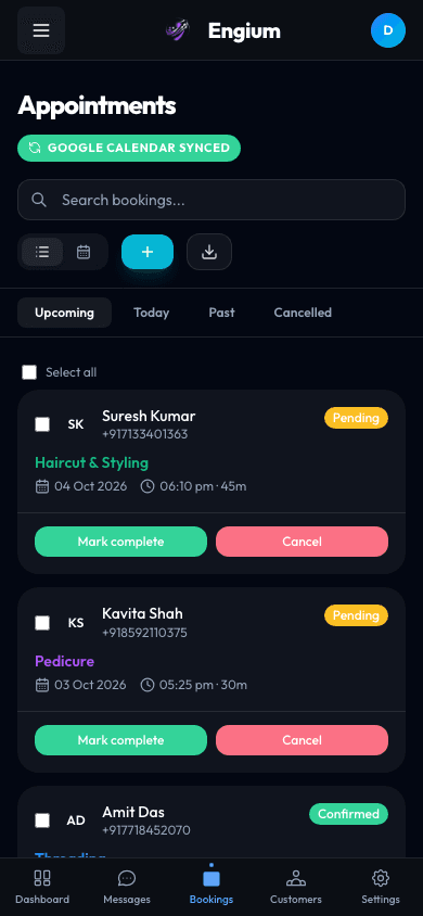 Engium booking calendar on mobile - appointments synced automatically