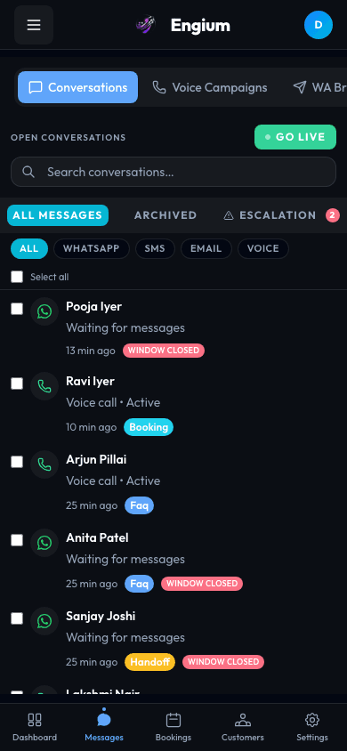 Engium conversations inbox on mobile - all channels in one view