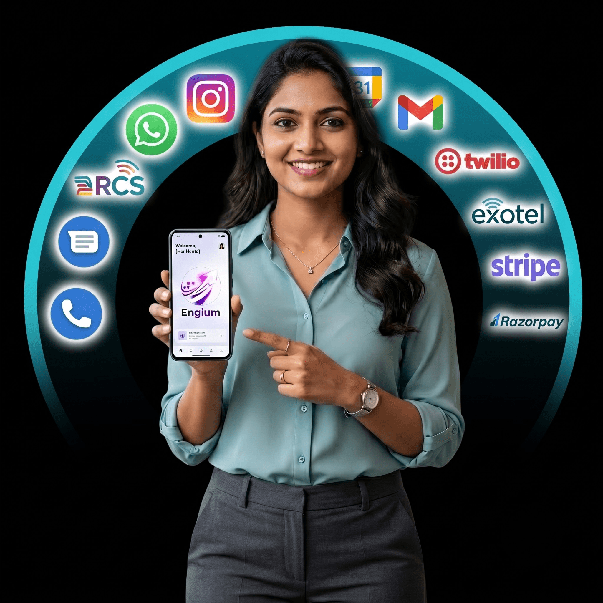 Engium unifying WhatsApp, Instagram, RCS, SMS, voice, Gmail, Twilio, Exotel, Stripe, and Razorpay into one inbox