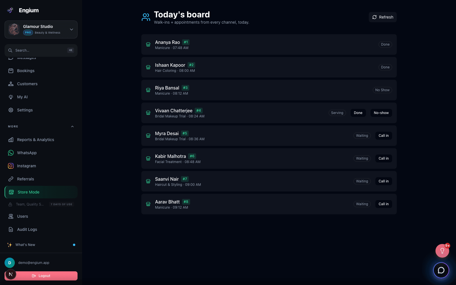 Engium Store Mode staff board showing a live queue with waiting, serving, done, and no-show statuses