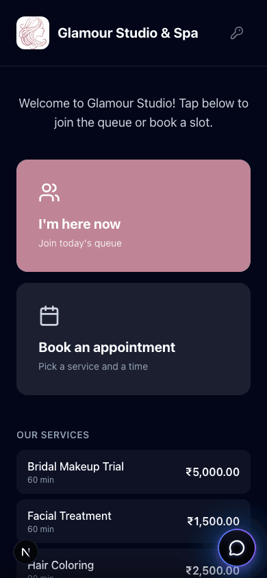 Engium Store Mode kiosk on mobile - join today's queue or book a slot