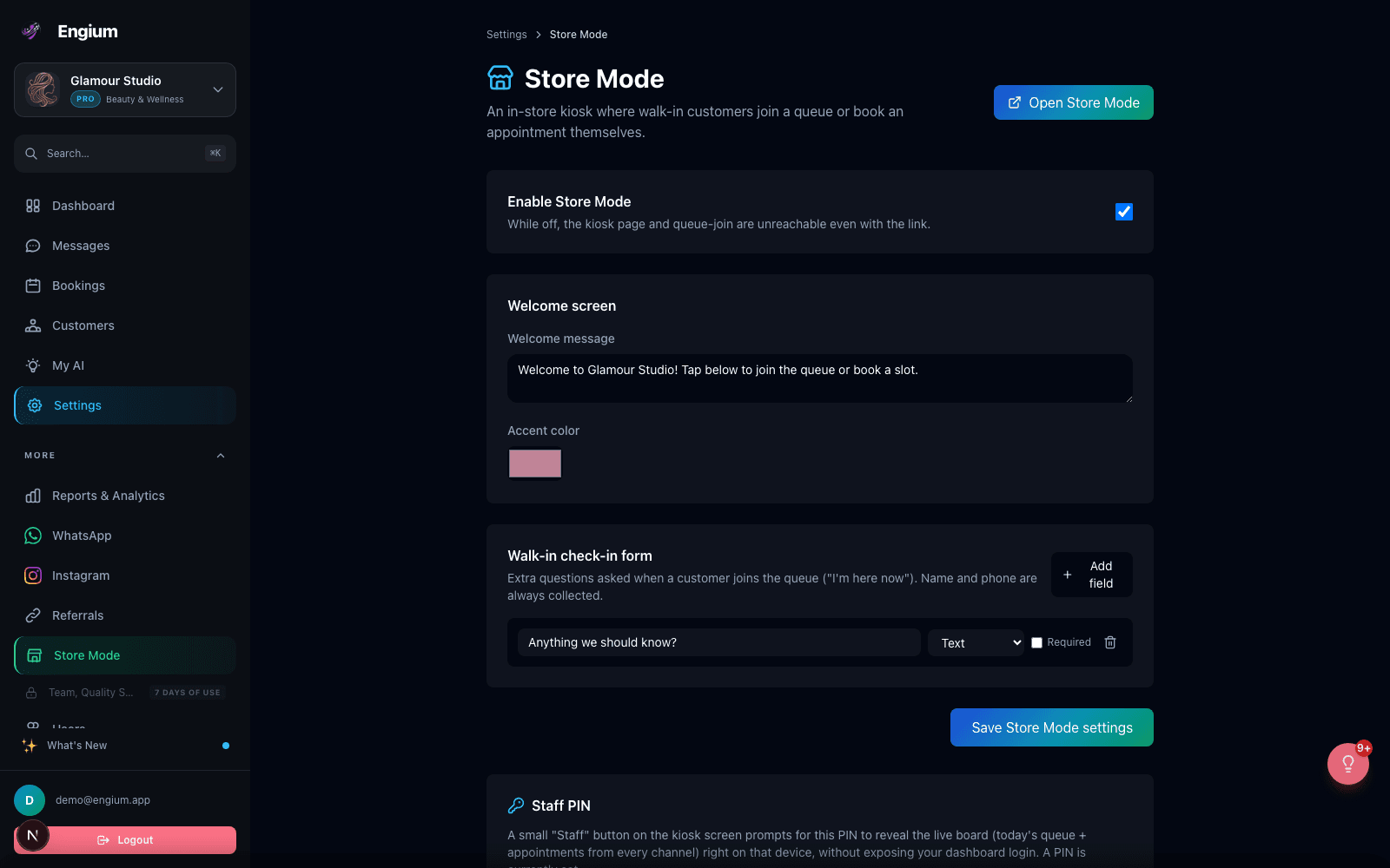 Engium Store Mode settings page showing the enable toggle, welcome message editor, and staff PIN section